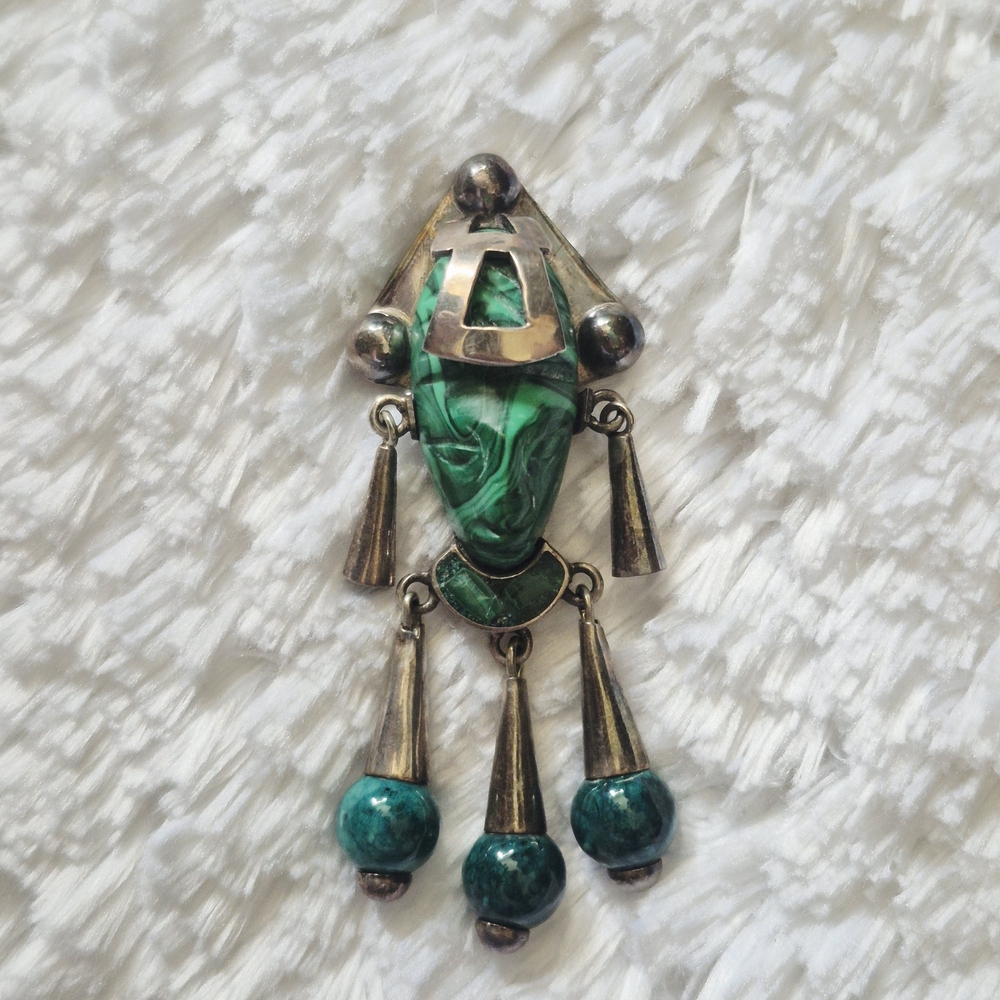 Vintage Mexico Sterling Silver Malachite Aztec Warrior Pin Pendant